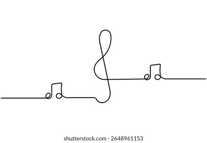 Linha de música contínua de arte nota vetor esboço ilustração. Resumo de notas de música conceito de som de música plano de fundo, Treble clave contínuo um desenho de linha, Sinal de música em estilo linear simples.