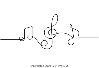 Linha de música contínua de arte nota vetor esboço ilustração. Resumo de notas de música conceito de som de música plano de fundo, Treble clave contínuo um desenho de linha, Sinal de música em estilo linear simples.