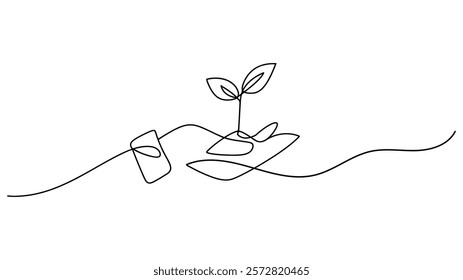 Continuous on line art growing sprout Plant leaves seed grow soil seedling eco natural farm concept design one sketch outline drawing  on white background