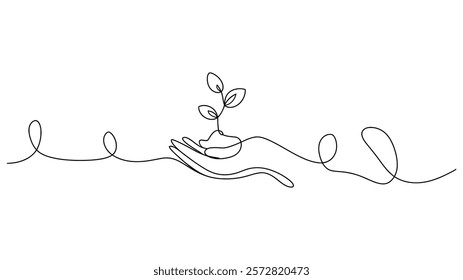 Continuous on line art growing sprout Plant leaves seed grow soil seedling eco natural farm concept design one sketch outline drawing  on white background