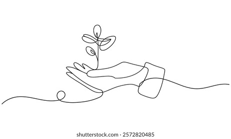Continuous on line art growing sprout Plant leaves seed grow soil seedling eco natural farm concept design one sketch outline drawing  on white background