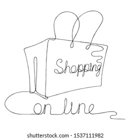 Continuous on line shopping bag graphic black white isolated sketch illustration vector