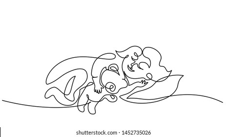Continuous one art line drawing sketch. Sleeping girl. Vector illustration
