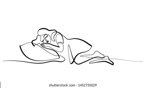 Continuous one art line drawing sketch. Sleeping little girl. Vector illustration