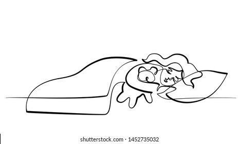 Continuous one art line drawing sketch. Sleeping girl. Vector illustration