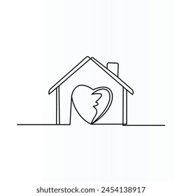 continuous one art line drawing. Love, family in home.