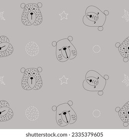 Continuous one art seamless pattern with bear and stars on dark background. 