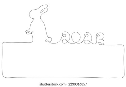 Continuous one black line drawing of word 2023 and cartoon rabbit. square frame for design work. Vector illustration with black lines isolated on white background, New Year 2023 concept,Happy New Year