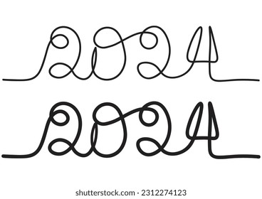 Dibujo continuo de una línea negra de la palabra 2024 para el trabajo de diseño.(Líneas gruesas y delgadas) Ilustración vectorial con líneas negras aisladas en fondo blanco, concepto de Año Nuevo 2024,Feliz Año Nuevo 2024