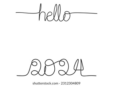Continuous one black line drawing of word hello and 2024. square frame for design work. Vector illustration.