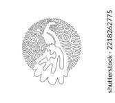 Continuous one curve line drawing of adorable huge tail abstract art in circle. Single line editable stroke vector illustration of beautiful peafowl for logo, wall decor and poster print decoration