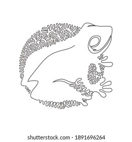 Continuous one curve line drawing of funny frog abstract art in circle. Single line editable stroke vector illustration of unique frog with a tailless body for logo, wall decor, boho poster