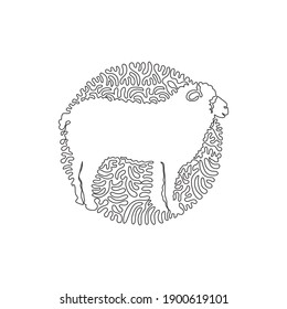 Continuous one curve line drawing of funny sheep abstract art in circle. Single line editable stroke vector illustration of friendly domestic animal for logo, wall decor and poster print decoration