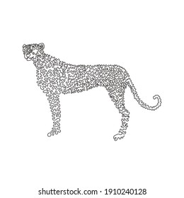 Continuous one curve line drawing of ferocious cheetah abstract art in circle. Single line editable stroke vector illustration of cheetahs have long, muscular legs for logo, wall decor, boho poster