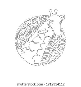 Continuous one curve line drawing of adorable giraffe abstract art in circle. Single line editable stroke vector illustration of long neck giraffe for logo, wall decor, boho poster