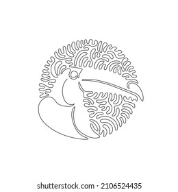 Continuous one curve line drawing of comely toucan abstract art in circle. Single line editable stroke vector illustration of colorful beak for logo, symbol, wall decor and poster print decoration