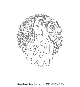 Continuous one curve line drawing of adorable huge tail abstract art in circle. Single line editable stroke vector illustration of beautiful peafowl for logo, wall decor and poster print decoration