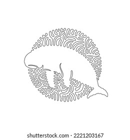 Continuous one curve line drawing of cute dugong abstract art in circle. Single line editable stroke vector illustration of mammal with a torpedo-shaped body for logo, wall decor and poster print art