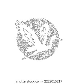 Continuous one curve line drawing of flaying heron abstract art in circle. Single line editable stroke vector illustration of heron have long necks for logo, wall decor and poster print decoration