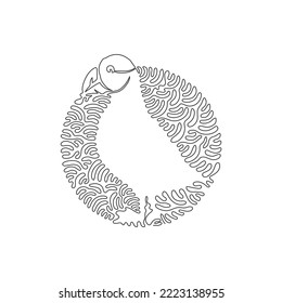 Continuous one curve line drawing of funny puffin abstract art in circle. Single line editable stroke vector illustration of puffin head has a black cap for logo, wall decor and poster print decor