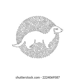 Continuous one curve line drawing of funny weasel abstract art in circle. Single line editable stroke vector illustration of strong and agile weasel for logo, wall decor and poster print decoration