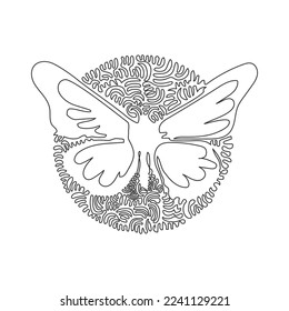 Continuous one curve line drawing of insects with large wings abstract art in circle. Single line editable stroke vector illustration of cute butterfly for logo, wall decor and poster print decoration