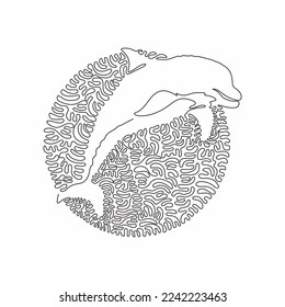 Continuous one curve line drawing of adorable dolphin abstract art in circle. Single line editable stroke vector illustration of dolphin jumping  for logo, wall decor and poster print decoration