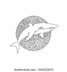 Continuous one curve line drawing of scary shark abstract art in circle. Single line editable stroke vector illustration of fierce carnivores for logo, wall decor and poster print decoration