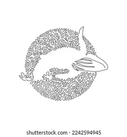 Continuous one curve line drawing of scary whale abstract art in circle. Single line editable stroke vector illustration of giant creature underwater for logo, wall decor, poster print decoration
