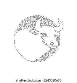 Continuous one curve line drawing of curved bull horns, abstract art in circle. Single line editable stroke vector illustration of bulls very muscular for logo, wall decor and poster print decoration