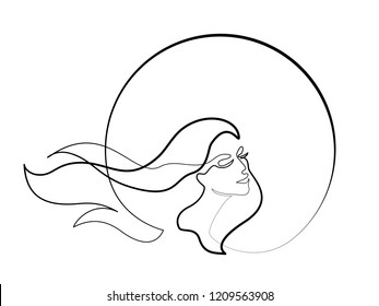 Continuous one different wide line drawing. Abstract portrait of pretty young woman with beautiful hair in round. Vector illustration