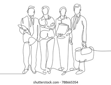 Continuous one drawn line of business team together group portrait. Businessman silhouette concept of success and cohesion in the company.