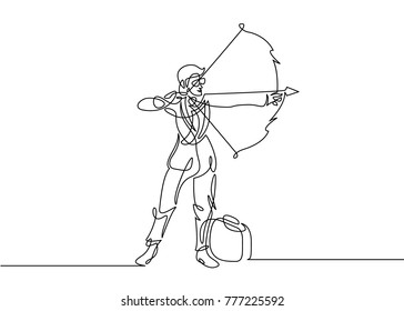 Continuous one drawn line of businessman manager silhouette shooting with a bow arrow. Businessman aiming target. Concept business vector illustration.