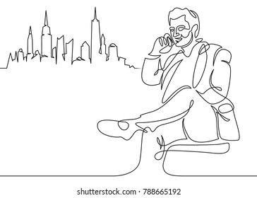 Continuous one drawn line of businessman of a fashionable hipster with a beard of a hairdresser on the phone. Background of downtown business skyscrapers of New York City.
