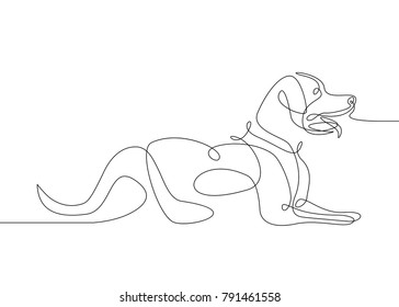 Continuous one drawn line of the logo symbol for the logo of the sitting reclining dog. The concept of wildlife, pets, veterinary.