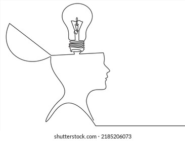 Continuous one drawn line of a man thinking with light bulb in front of his head. Allegory of solution and creative search. Minimalism concept of idea and creativity.