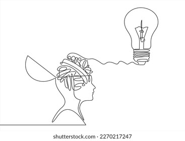 Continuous one drawn line of a man thinking with light bulb in front of his head. Allegory of solution and creative search. Minimalism concept of idea and creativity.