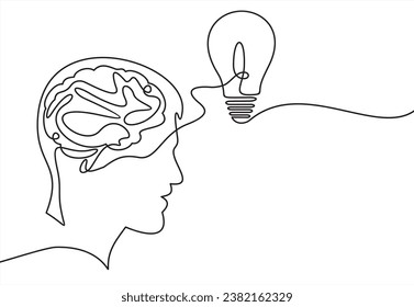 Continuous one drawn line of a man thinking with light bulb in front of his head. Allegory of solution and creative search. Minimalism concept of idea and creativity.