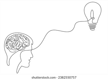 Continuo línea trazada de un hombre pensando con bombilla frente a su cabeza. Alegoría de solución y búsqueda creativa. Concepto minimalista de idea y creatividad.