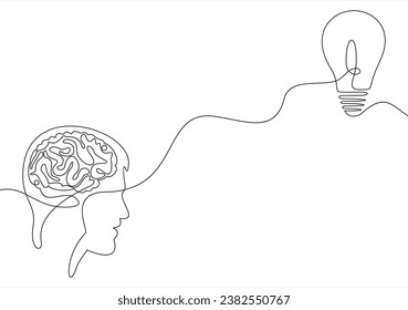 Continuous one drawn line of a man thinking with light bulb in front of his head. Allegory of solution and creative search. Minimalism concept of idea and creativity.