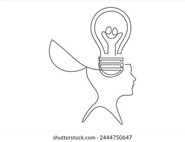 Continuous one drawn line of a man thinking with light bulb in front of his head. Allegory of solution and creative search. Minimalism concept of idea and creativity.