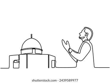 A continuous one drawn line silhouette of an Islamic praying and a symbol of faith mosque. The concept of a religious image of a Muslim.