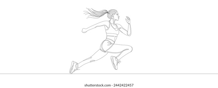 Continuous one drawn line silhouette running athlete girl runner. Vector