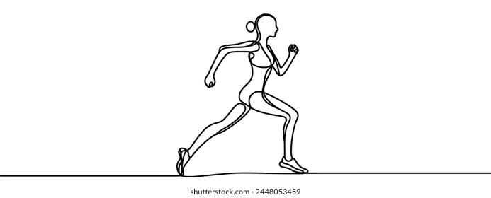 Continuous one drawn line silhouette of running athlete girl runner