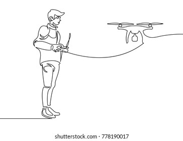 Continuous one drawn line of the silhouette of the pilot launching the drone into the sky. Modern technology and piloting robots.