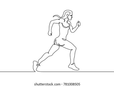 Continuous one drawn line silhouette of running athlete girl runner
