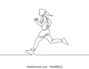 Continuous one drawn line silhouette of running athlete girl runner
