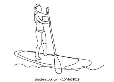 Continuous one drawn line sup gir woman on a paddle in the sea