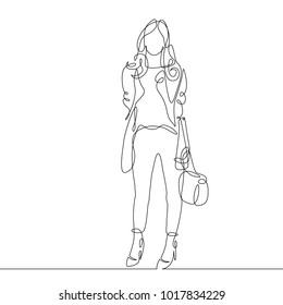 Continuous one drawn line women hipster girl with handbag