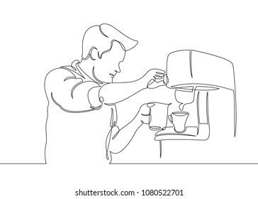 A continuous one drawn single barista line makes coffee in a tour of the coffee machine